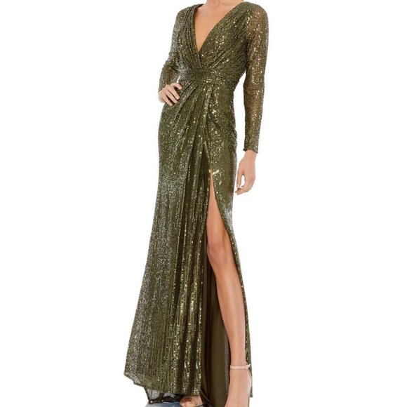Mac Duggal Olive Green Long Sleeve Sequin Faux Wrap Gown